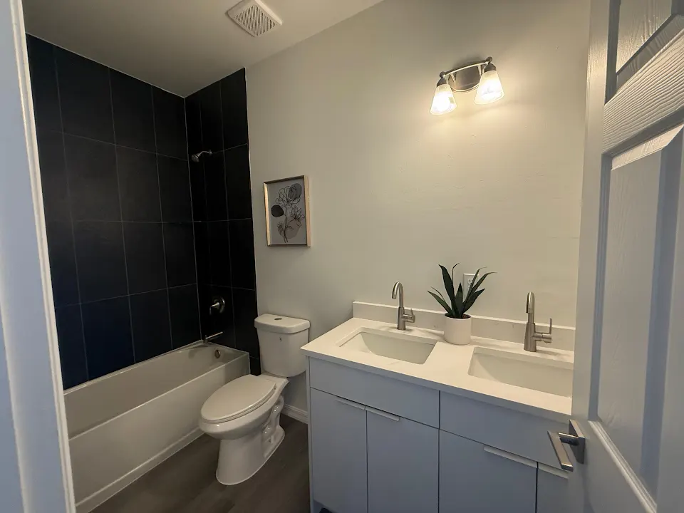 Completed bathroom renovation with dark tile surround and double vanity